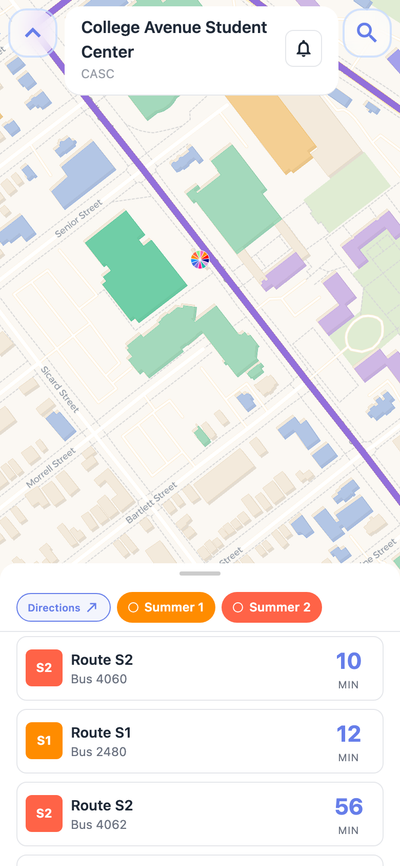 Rutgers stop details with Directions button on Navgic mobile