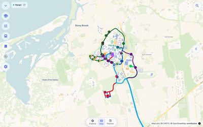 Live bus tracking on Navgic desktop map at Stony Brook
