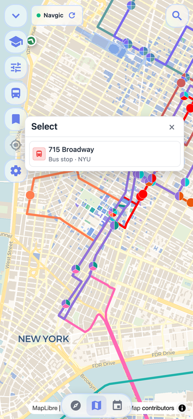 NYU transit stop sheet on Navgic mobile